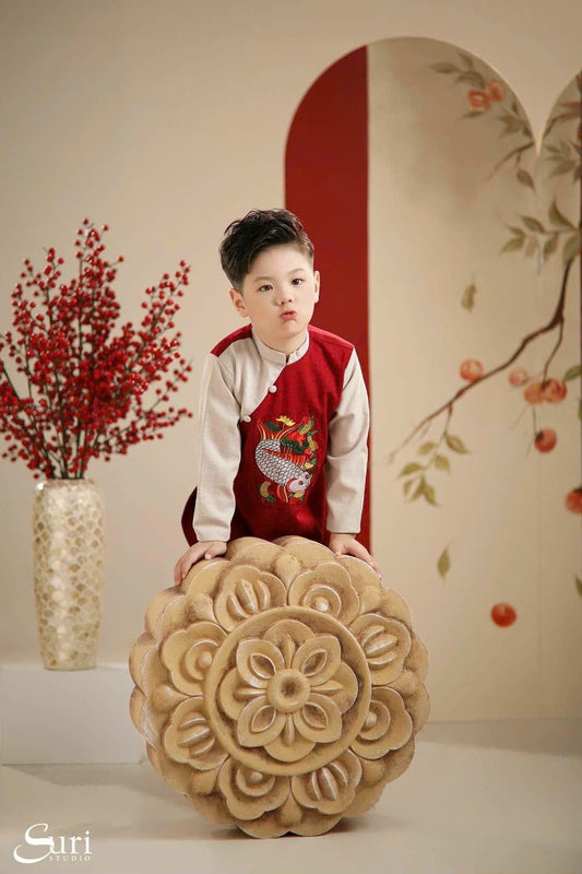 Boy Red/Blue Embroidery Koi Ao Dai Top | Pre-made Traditional Vietnamese Ao Dai | Lunar New Year | Ao Dai for Boy |
