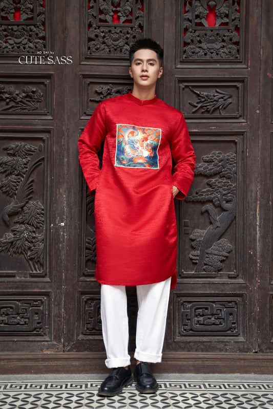 Men Red Printed Ao Dai Set| Pre-made Traditional Vietnamese Ao Dai|Lunar New Year | Ao Dai for Dad | Ao Dai Truyen Thong| Ao Dai Tet |