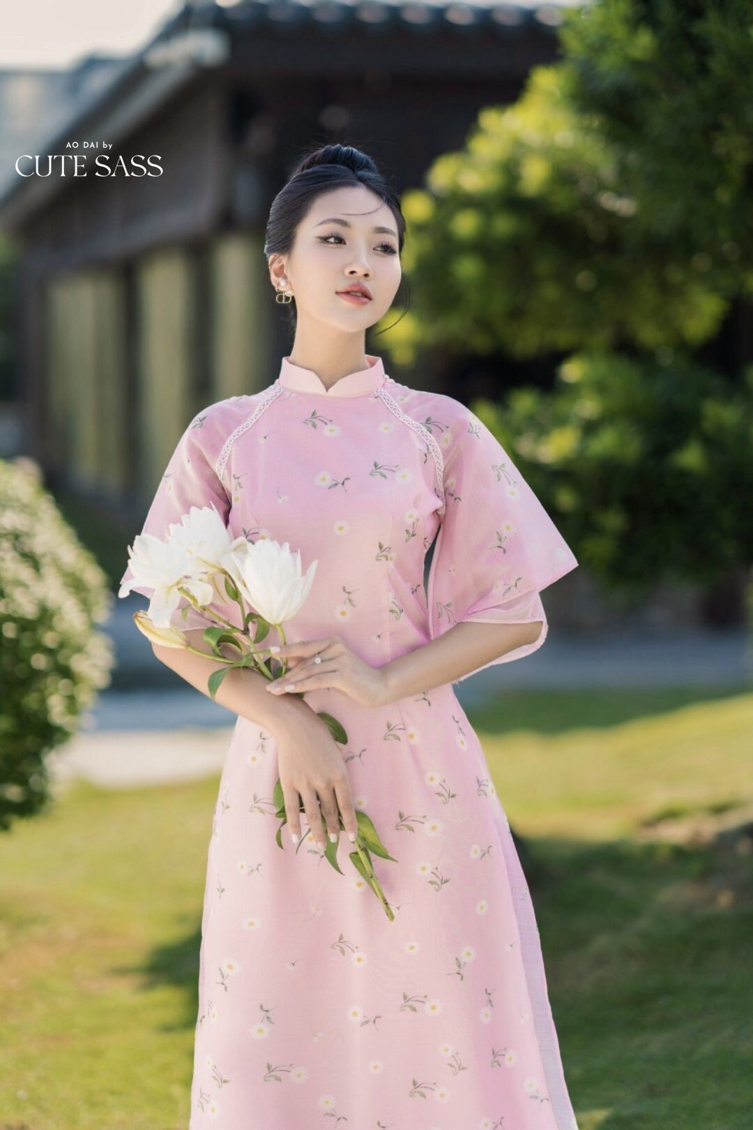 Pink Double Sleeve Daisy Ao Dai Set | Pre-made Traditional Vietnamese Ao Dai|Ao Dai with Pants|Lunar New Year Ao Dai|