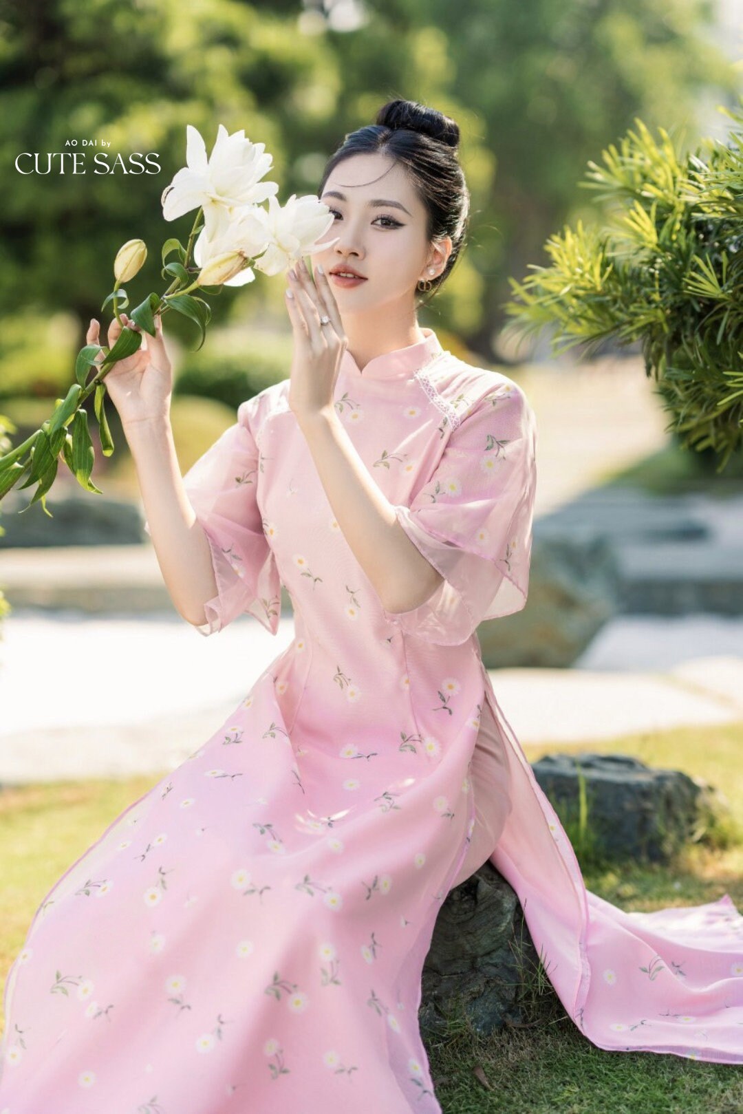 Pink Double Sleeve Daisy Ao Dai Set | Pre-made Traditional Vietnamese Ao Dai|Ao Dai with Pants|Lunar New Year Ao Dai|