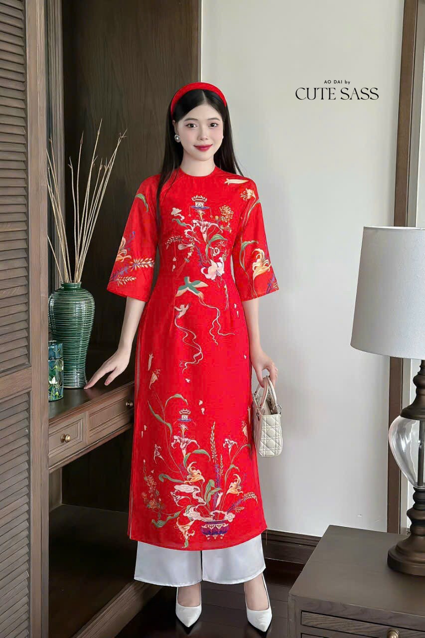 Red Printed Chiffon Ao Dai Set | Pre-made Modernized Vietnamese Ao Dai| Women Ao Dai with Pants| Lunar New Year| Ao Dai Cach Tan|D3