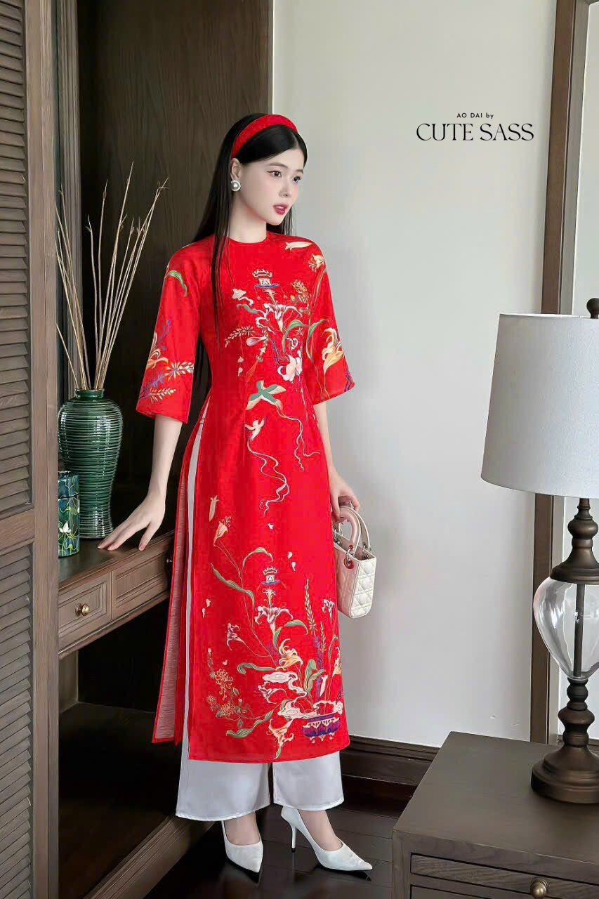 Red Printed Chiffon Ao Dai Set | Pre-made Modernized Vietnamese Ao Dai| Women Ao Dai with Pants| Lunar New Year| Ao Dai Cach Tan|D3