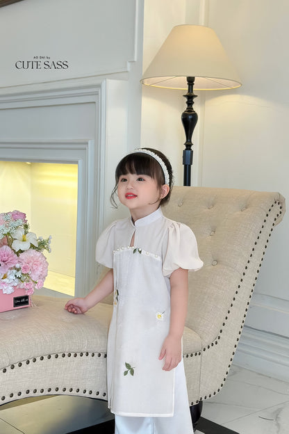 Mom and Daughter Cream Mini Flowers Ao Dai Set| Pre-made Traditional Vietnamese Ao Dai | Lunar New Year | Ao Dai for Girl, Mom|