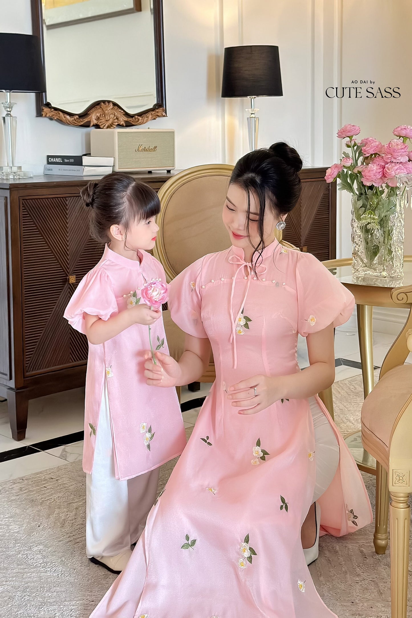 Mom and Daughter Pink Mini Flowers Ao Dai Set| Pre-made Traditional Vietnamese Ao Dai | Lunar New Year | Ao Dai for Girl, Mom|