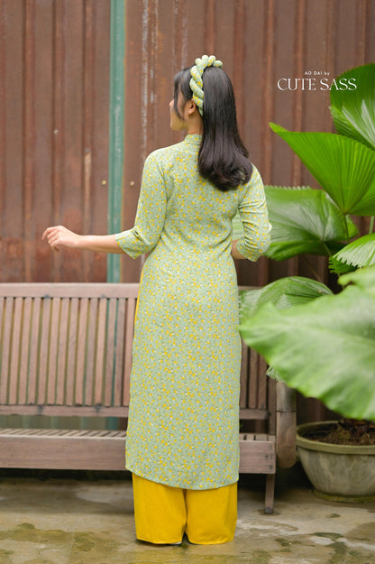 Cyan Hoa Ao Dai Set with Twisted Headband