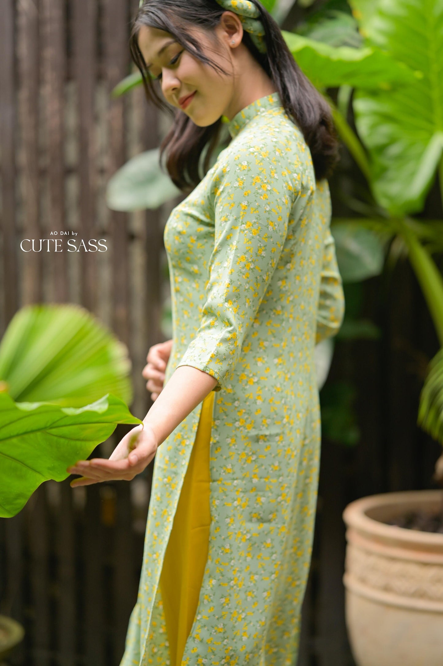 Cyan Hoa Ao Dai Set with Twisted Headband