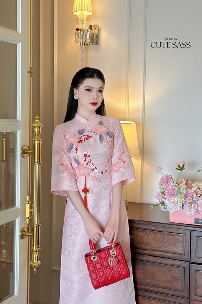 Spring Gam Hac Ao Dai Set (Pink, Cream) |Pre-made Modernized Vietnamese Ao Dai | Lunar New Year| Ao Dai Cach Tan With Pants|