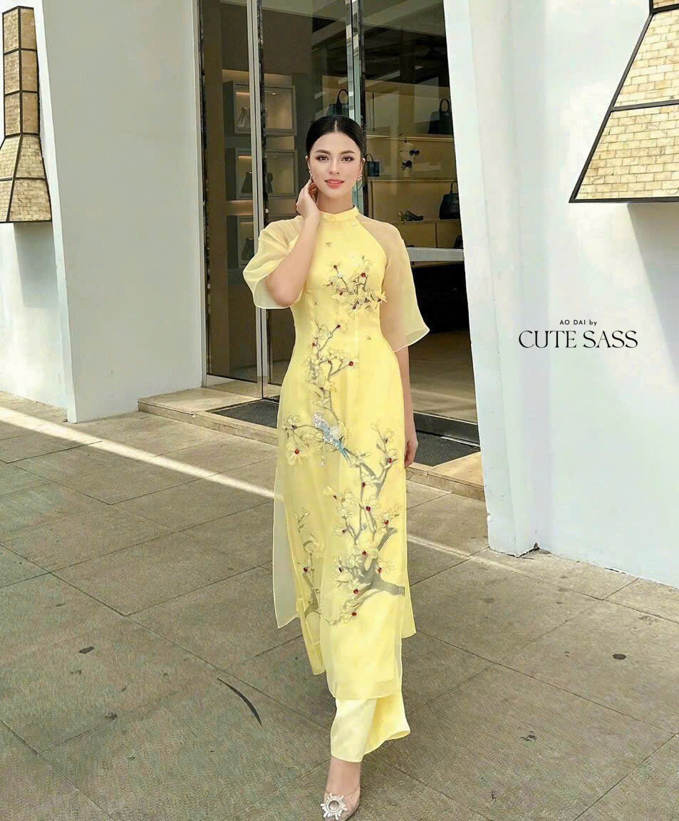 Yellow 3D Branches Ao Dai Set | Pre-made Modernized Vietnamese Ao Dai| Ao Dai with Pants| Lunar New Year| Ao Dai Cach Tan|M5