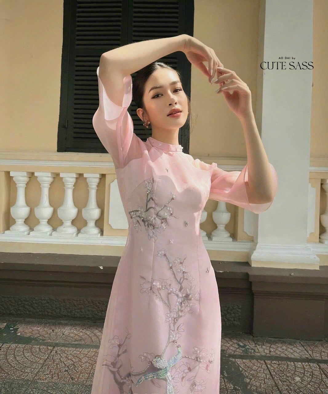 Pink 3D Branches Ao Dai Set | Pre-made Modernized Vietnamese Ao Dai| Ao Dai with Pants| Lunar New Year| Ao Dai Cach Tan|M5