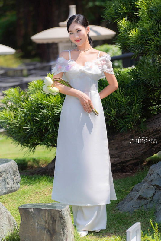 White Off Shoulder Sparkle Ao Dai Set | Pre-made Modernized Vietnamese Ao Dai | Women Ao Dai with Pants | Lunar New Year| Ao Dai Cach Tan|B4