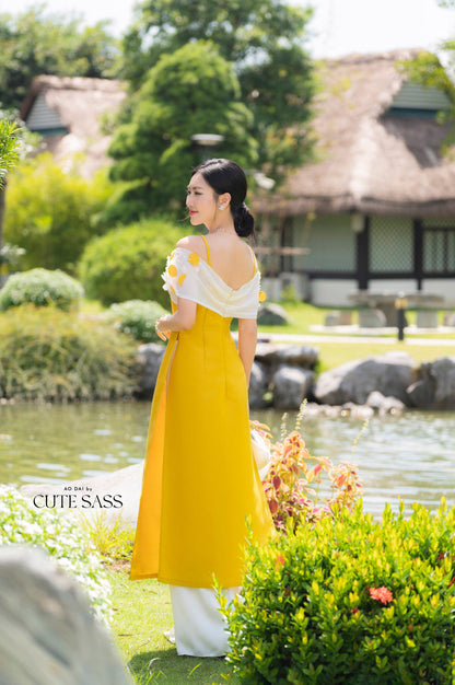 Yellow Off Shoulder Sparkle Ao Dai Set | Pre-made Modernized Vietnamese Ao Dai |Women Ao Dai with Pants | Lunar New Year| Ao Dai Cach Tan|B4