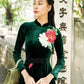 Green Embroidery Velvet Ao Dai Top Only, NO PANTS