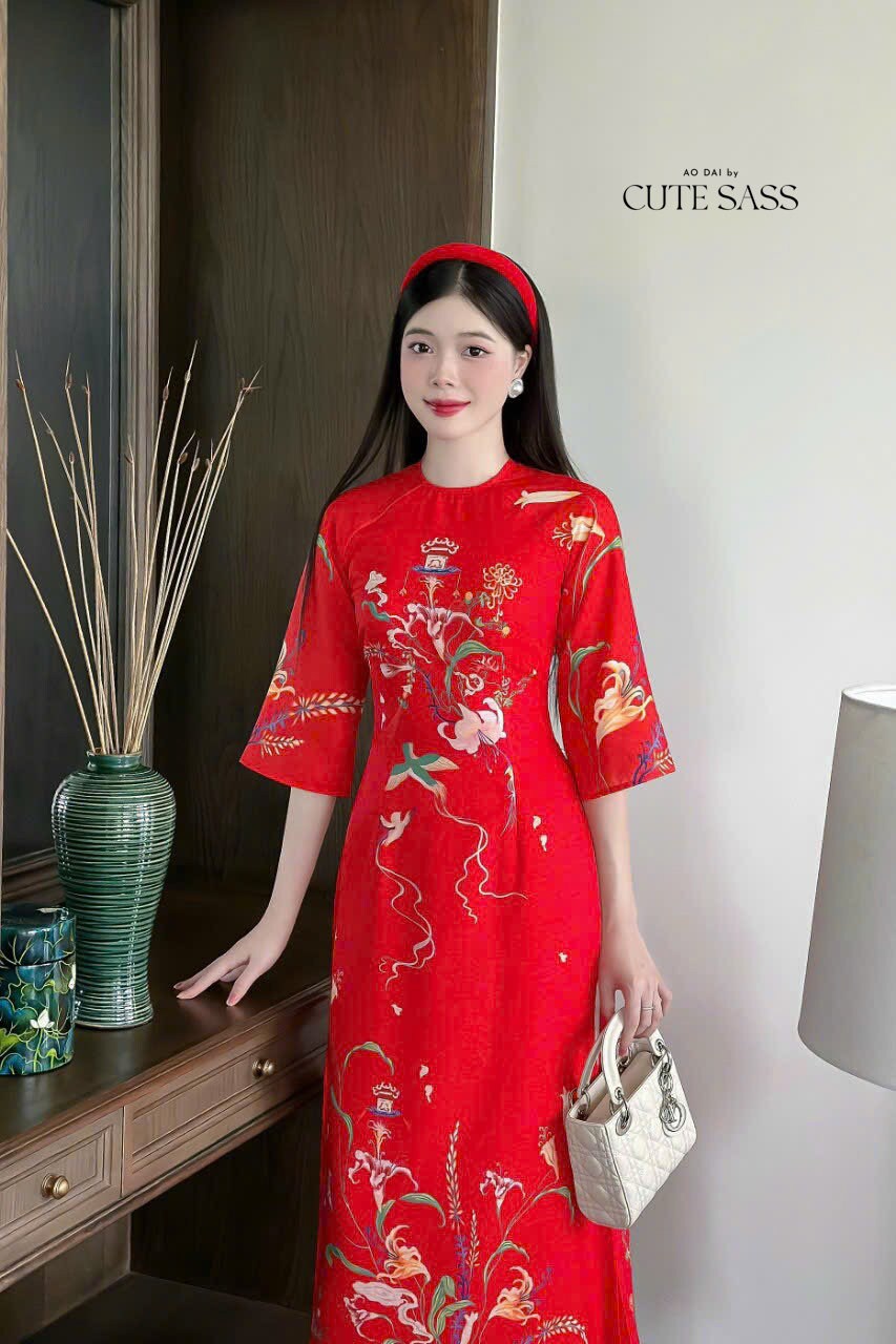 Red Printed Chiffon Ao Dai Set | Pre-made Modernized Vietnamese Ao Dai| Women Ao Dai with Pants| Lunar New Year| Ao Dai Cach Tan|D3