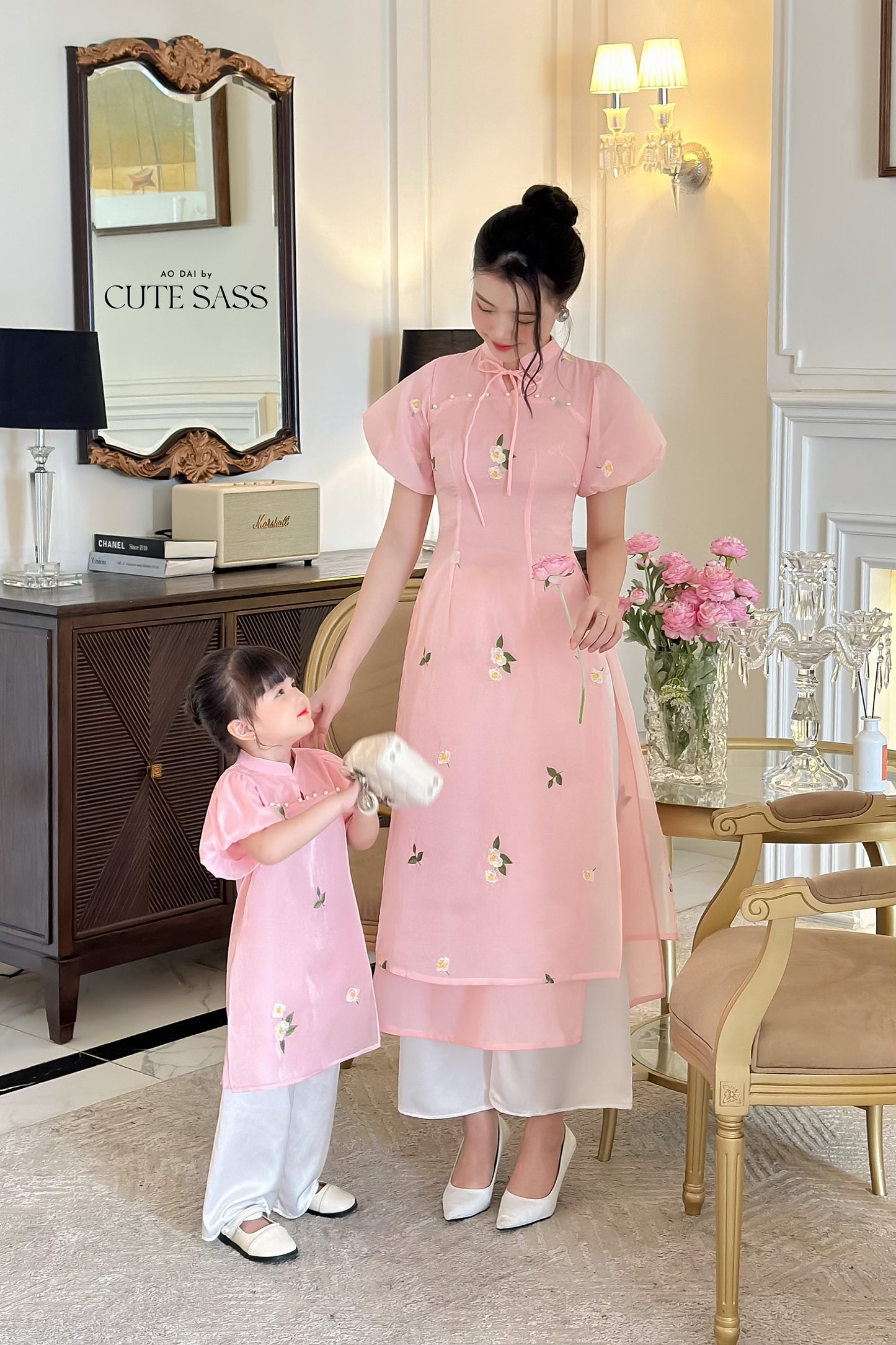 Mom and Daughter Pink Mini Flowers Ao Dai Set| Pre-made Traditional Vietnamese Ao Dai | Lunar New Year | Ao Dai for Girl, Mom|