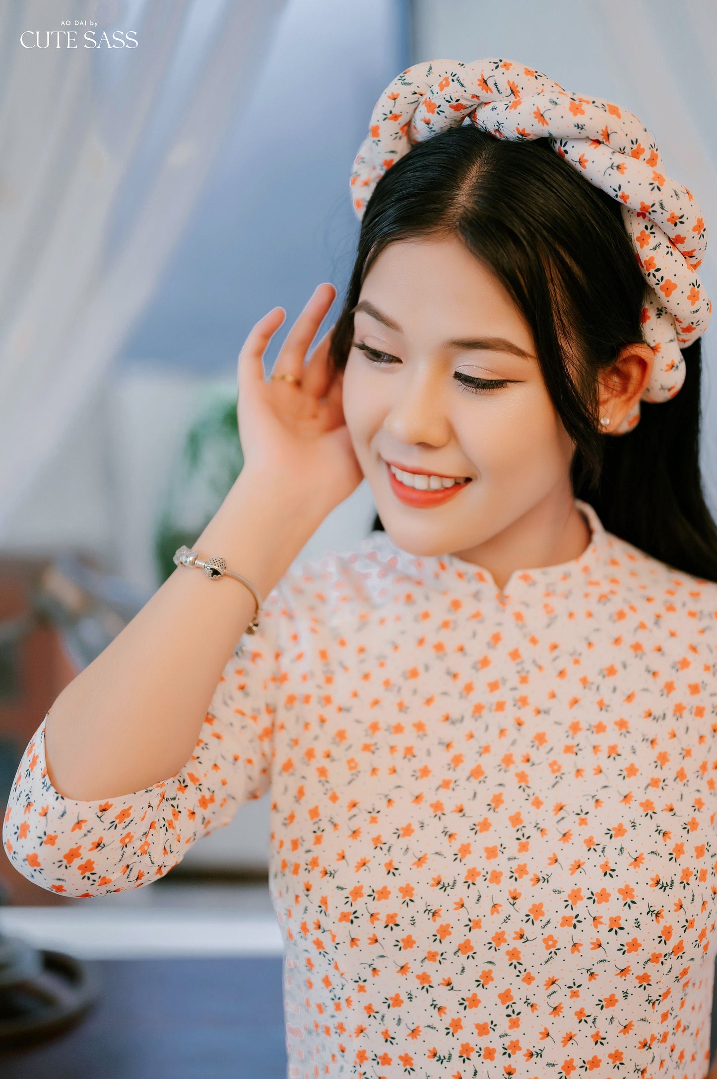 White/Orange Hoa Ao Dai Set with Twisted Headband