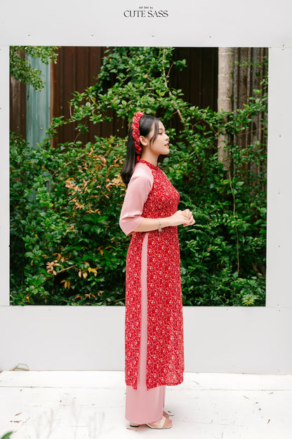 Red/Pink Hoa Ao Dai Set with Twisted Headband