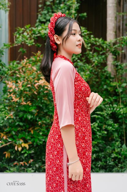 Red/Pink Hoa Ao Dai Set with Twisted Headband
