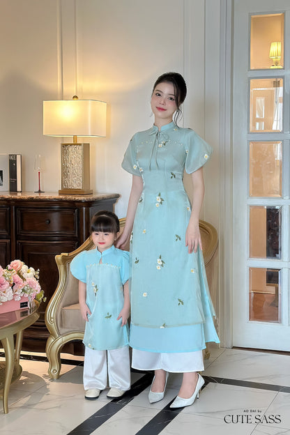 Mom and Daughter Blue Mini Flowers Ao Dai Set| Pre-made Traditional Vietnamese Ao Dai | Lunar New Year | Ao Dai for Girl, Mom|