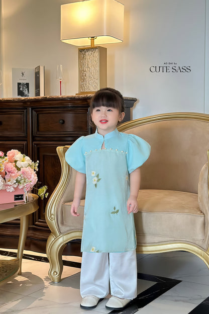 Mom and Daughter Blue Mini Flowers Ao Dai Set| Pre-made Traditional Vietnamese Ao Dai | Lunar New Year | Ao Dai for Girl, Mom|
