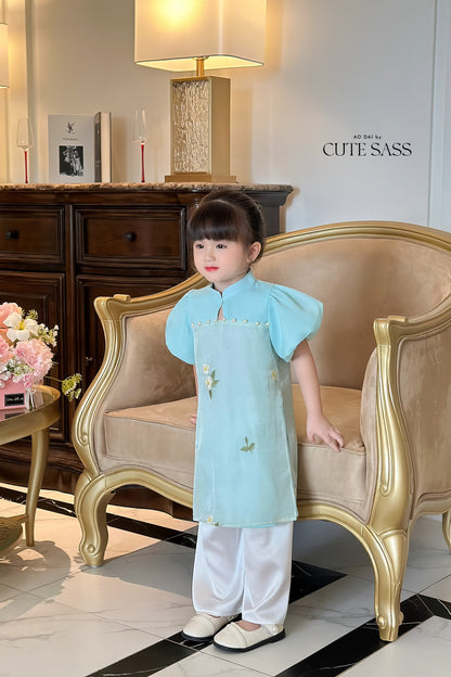 Mom and Daughter Blue Mini Flowers Ao Dai Set| Pre-made Traditional Vietnamese Ao Dai | Lunar New Year | Ao Dai for Girl, Mom|