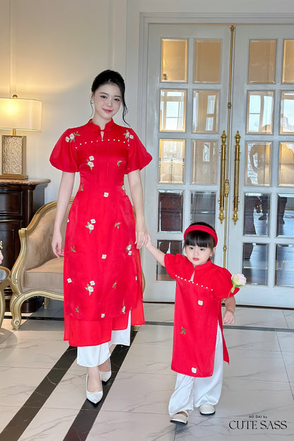 Mom and Daughter Red Mini Flowers Ao Dai Set| Pre-made Traditional Vietnamese Ao Dai | Lunar New Year | Ao Dai for Girl, Mom|