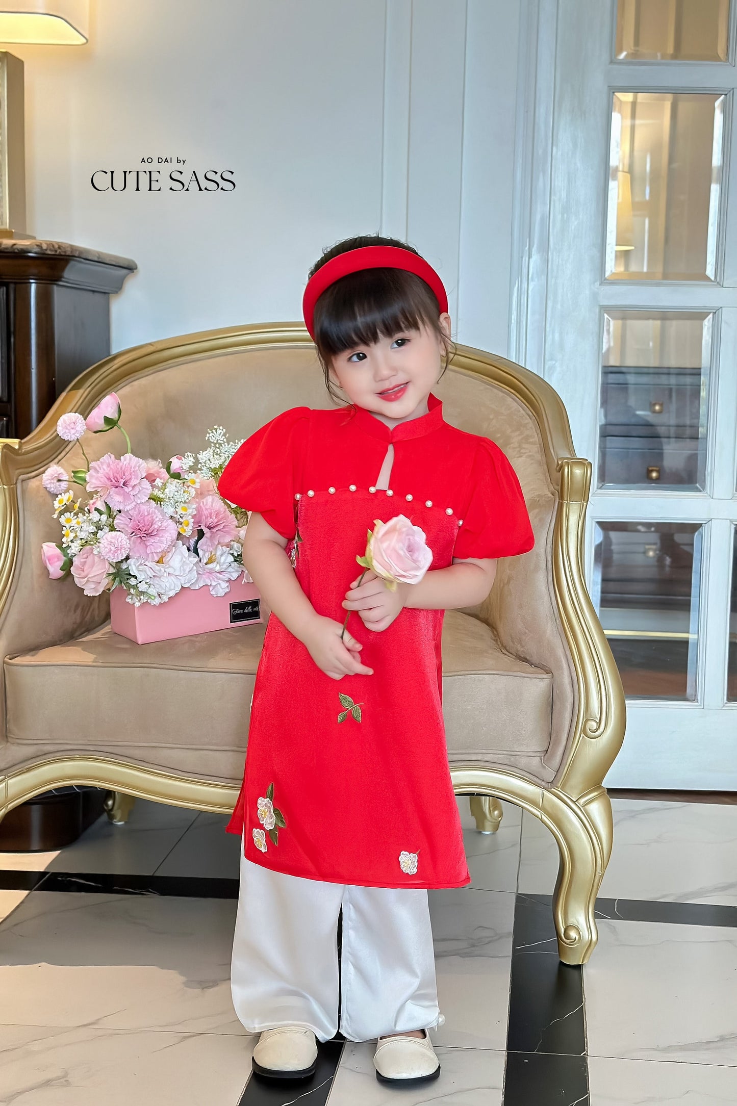 Mom and Daughter Red Mini Flowers Ao Dai Set| Pre-made Traditional Vietnamese Ao Dai | Lunar New Year | Ao Dai for Girl, Mom|