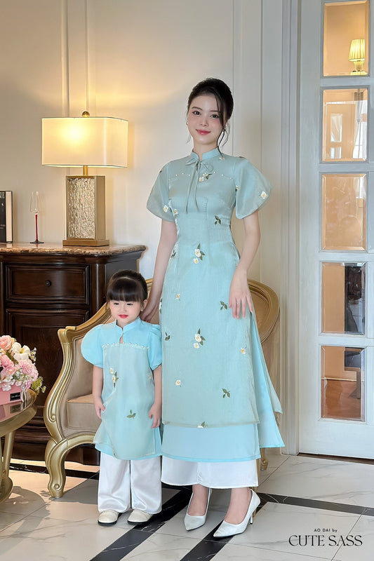 Mom and Daughter Blue Mini Flowers Ao Dai Set| Pre-made Traditional Vietnamese Ao Dai | Lunar New Year | Ao Dai for Girl, Mom|