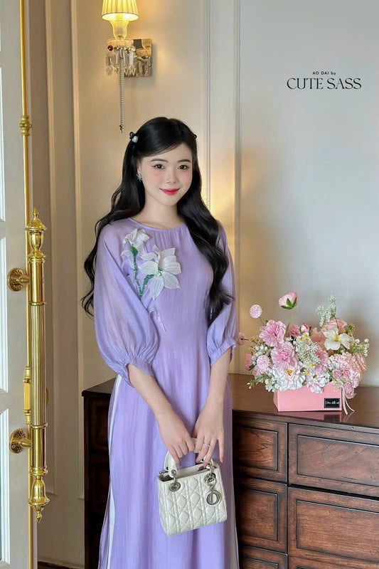 Lavender Balloon Sleeves 3D Flowers Ao Dai Set Pre-made Modernized Vietnamese Ao Dai|Ao Dai with Pants | Lunar New Year|Ao Dai Truyen Thong|