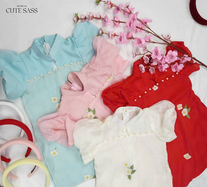 Mom and Daughter Red Mini Flowers Ao Dai Set| Pre-made Traditional Vietnamese Ao Dai | Lunar New Year | Ao Dai for Girl, Mom|
