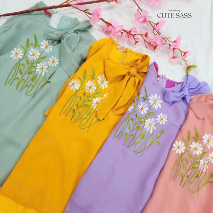 Girl Chiffon Bow Daisy Ao Dai Set (4 Colors) |Pre-made Traditional Vietnamese Ao Dai|Lunar New Year| Kid Ao Dai| Ao Dai for Girl |