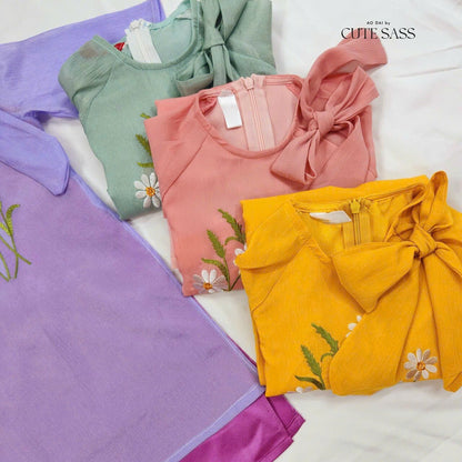 Girl Chiffon Bow Daisy Ao Dai Set (4 Colors) |Pre-made Traditional Vietnamese Ao Dai|Lunar New Year| Kid Ao Dai| Ao Dai for Girl |
