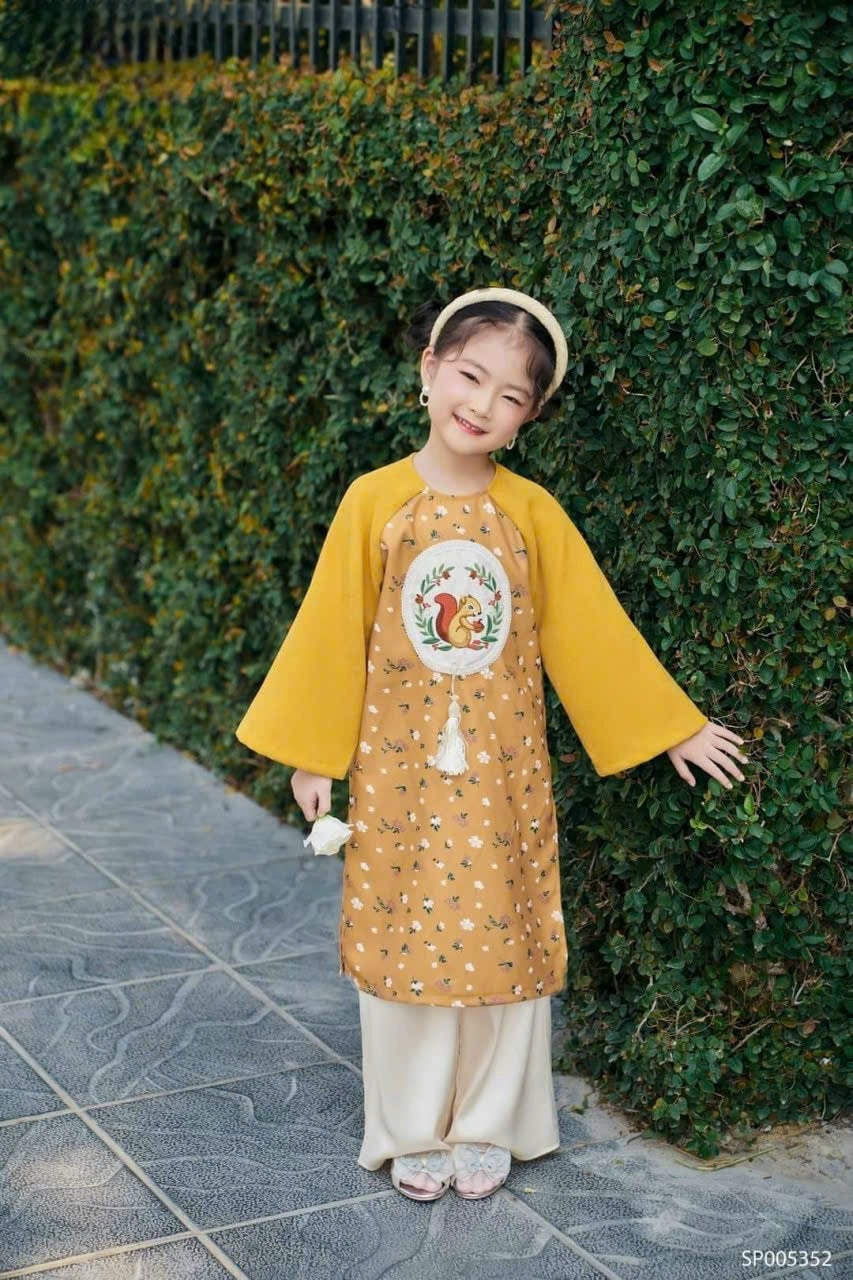 Sibling Yellow Chipmunk Ao Dai Set | Pre-made Traditional Vietnamese Ao Dai | Lunar New Year | Ao Dai for Girl, Boy | Pre-made Kid Ao Dai |