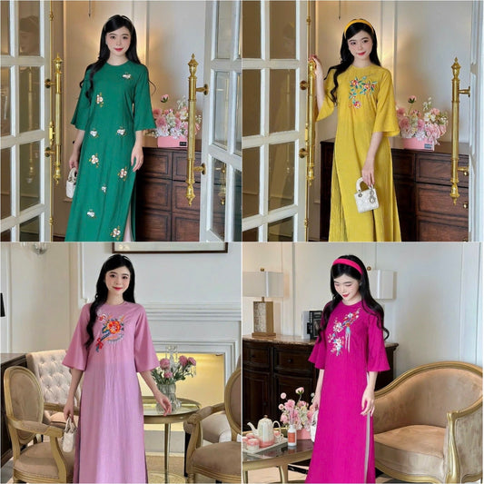 Shifted Chiffon Embroidery Ao Dai Top Set (4 Colors)| Pre-made Modernized Vietnamese Ao Dai | Women Ao Dai with Pants | Lunar New Year|