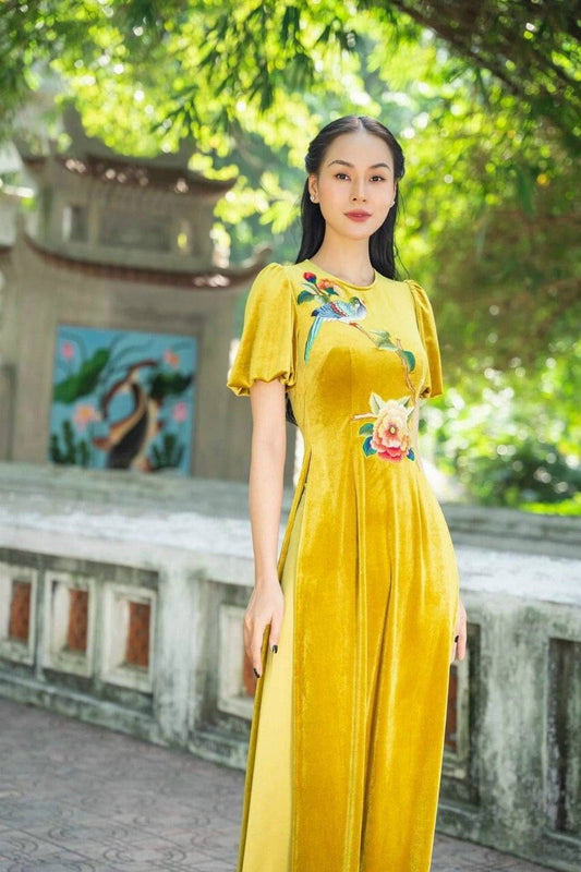 Yellow Puffy Sleeves Embroidery Velvet Ao Dai Top Only, NO PANTS