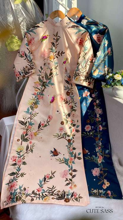 Beige Sparkle Garden Ao Dai Set | Pre-made Traditional Vietnamese Ao Dai|Ao Dai with Pants|Lunar New Year|Ao Dai Cach Tan|M8