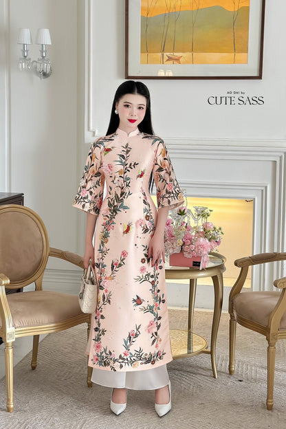 Beige Sparkle Garden Ao Dai Set | Pre-made Traditional Vietnamese Ao Dai|Ao Dai with Pants|Lunar New Year|Ao Dai Cach Tan|M8
