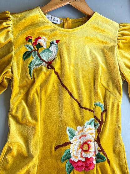 Mom and Daughter Yellow Embroidery Velvet Ao Dai Top Only, NO PANTS | Pre-made Traditional Vietnamese Ao Dai | Lunar New Year |