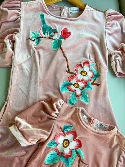 Mom and Daughter Light Pink Embroidery Velvet Ao Dai Top Only, NO PANTS