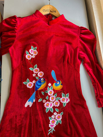 Mom and Daughter Red Velvet Embroidery Ao Dai Top Only, NO PANTS