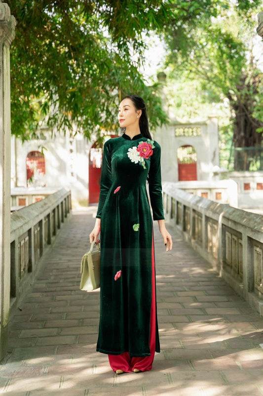 Green Embroidery Velvet Ao Dai Top Only, NO PANTS