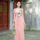 Light Pink Embroidery Velvet Ao Dai Top Only, NO PANTS