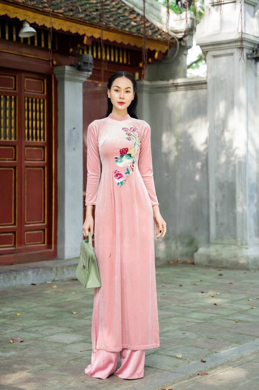 Light Pink Embroidery Velvet Ao Dai Top Only, NO PANTS