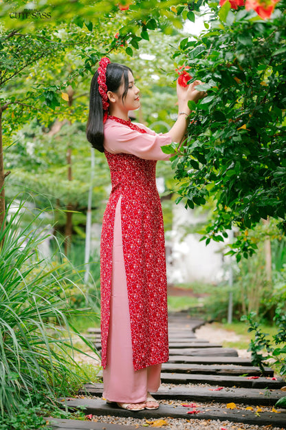 Red/Pink Hoa Ao Dai Set with Twisted Headband