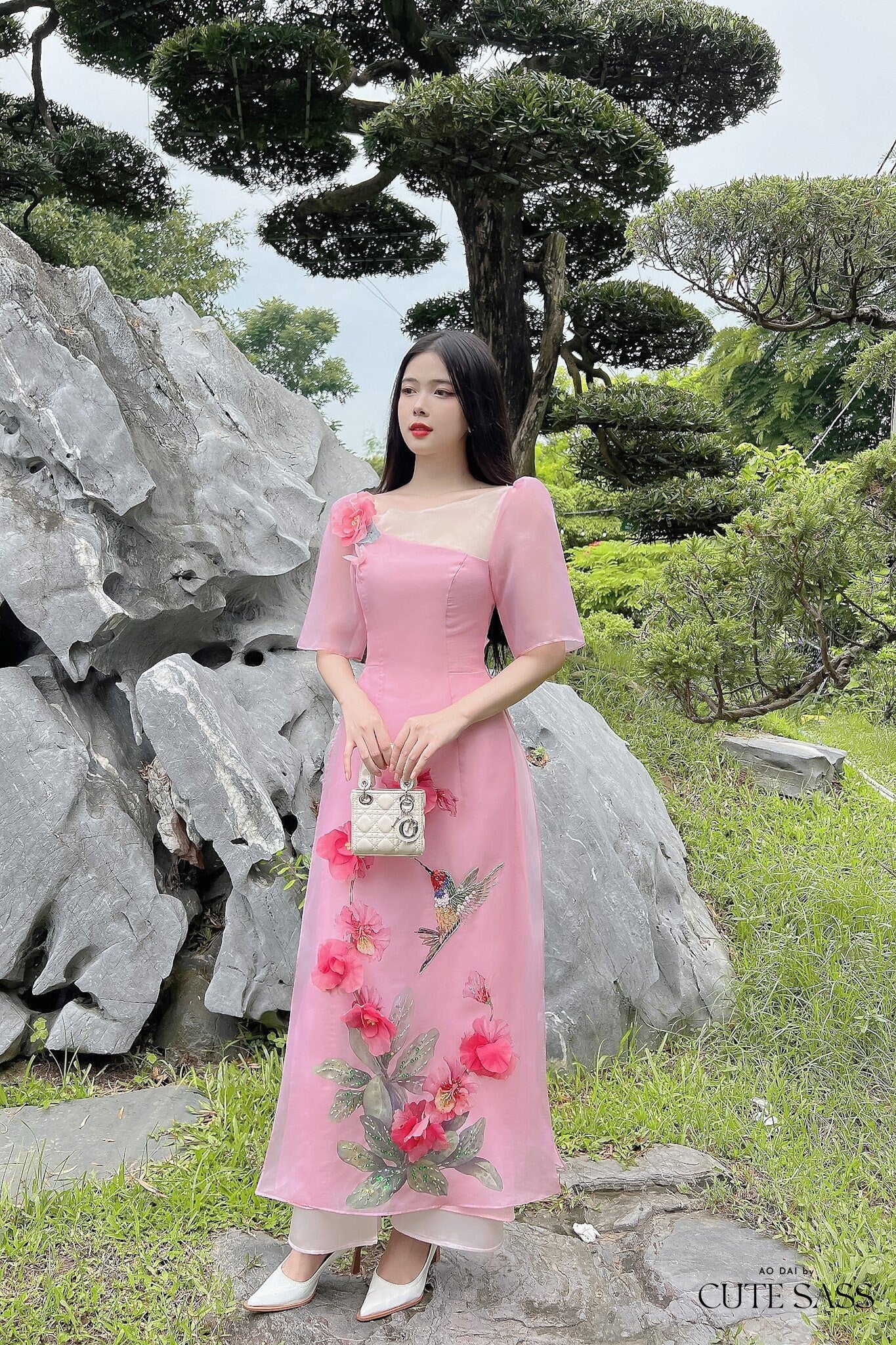 Pink Spring Cross Neckline Ao Dai Set | Pre-made Modernized Vietnamese Ao Dai | Ao Dai Viet Nam | Lunar New Year | Ao Dai Cach Tan|