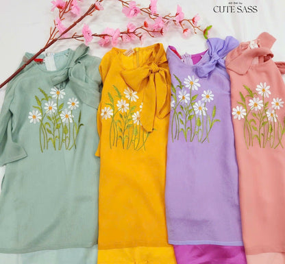 Girl Chiffon Bow Daisy Ao Dai Set (4 Colors) |Pre-made Traditional Vietnamese Ao Dai|Lunar New Year| Kid Ao Dai| Ao Dai for Girl |