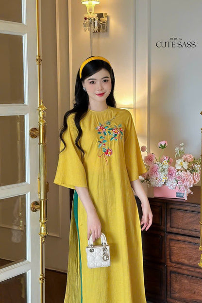 Shifted Chiffon Embroidery Ao Dai Top Set (4 Colors)| Pre-made Modernized Vietnamese Ao Dai | Women Ao Dai with Pants | Lunar New Year|