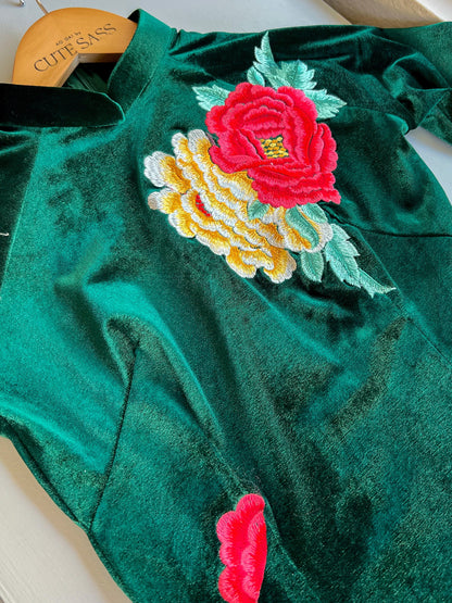 Green Embroidery Velvet Ao Dai Top Only, NO PANTS