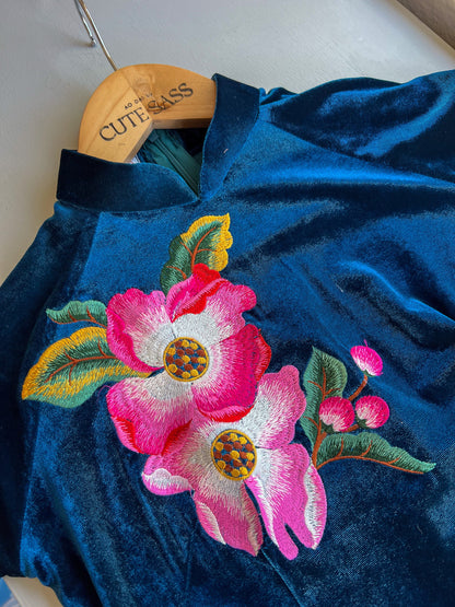 Prussian Blue Embroidery Velvet Ao Dai Top Only, NO PANTS