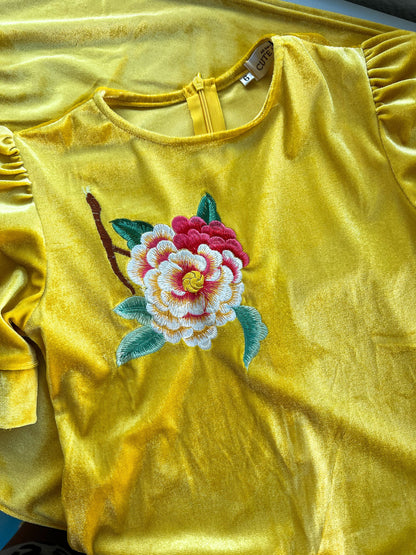 Mom and Daughter Yellow Embroidery Velvet Ao Dai Top Only, NO PANTS | Pre-made Traditional Vietnamese Ao Dai | Lunar New Year |
