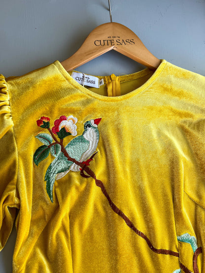Mom and Daughter Yellow Embroidery Velvet Ao Dai Top Only, NO PANTS | Pre-made Traditional Vietnamese Ao Dai | Lunar New Year |